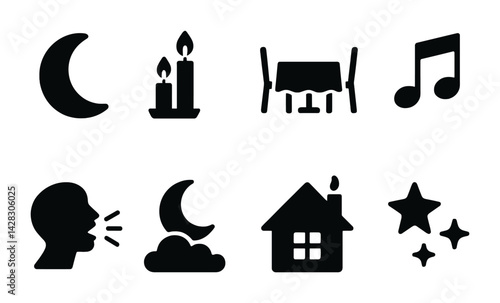 Cozy night life solid icons set – silhouette style evening, relaxation, and music symbols for quiet ambience: moon, candles, table, music note, voice speaking, night house, stars