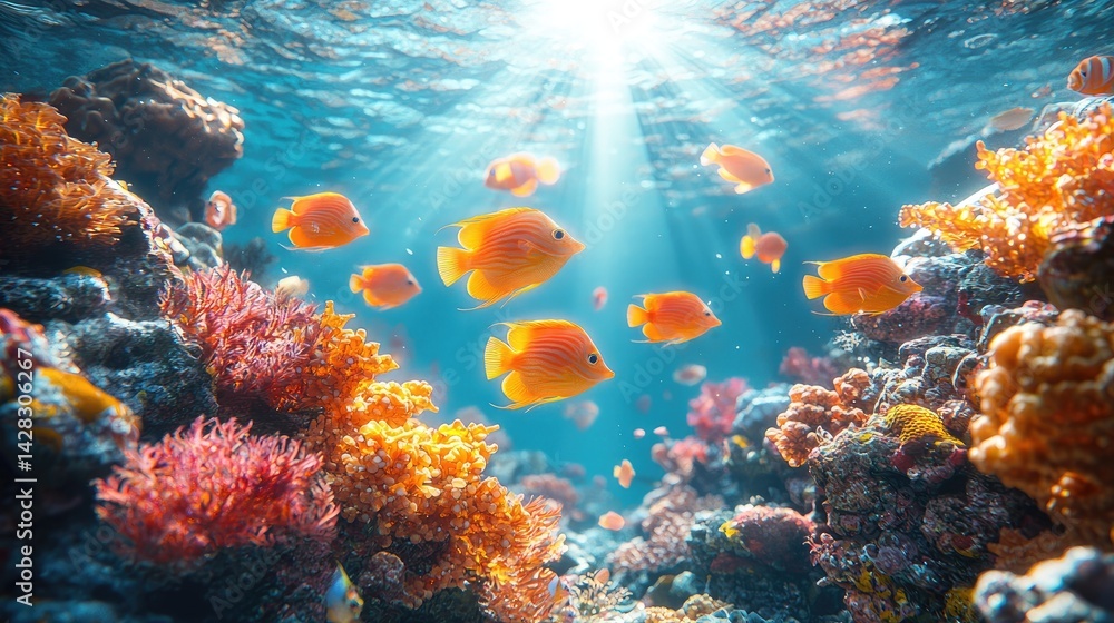 Obraz premium Bright sunlight illuminates colorful coral reefs and swimming orange fish