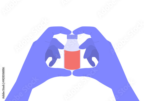 Hands holding a small bottle of liquid against a white background