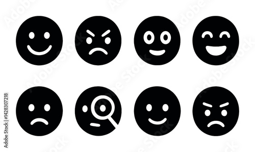 Emoticon solid icon set – flat style for digital communication, emotions, and chat apps: smile, frown, laugh, angry, wink, surprise, neutral, sad.
