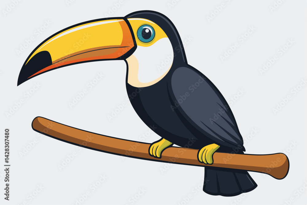 Naklejka premium illustration of a toucan perched on a wooden branch.