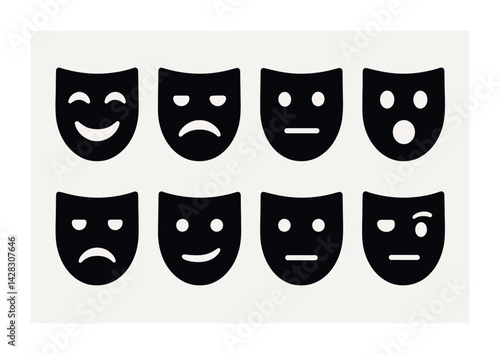 Theater and drama icons set - filled style emotional expressions, performance, and stage symbols for arts enthusiasts: happy mask, sad mask, neutral face, surprised mask, frowning mask, thoughtful