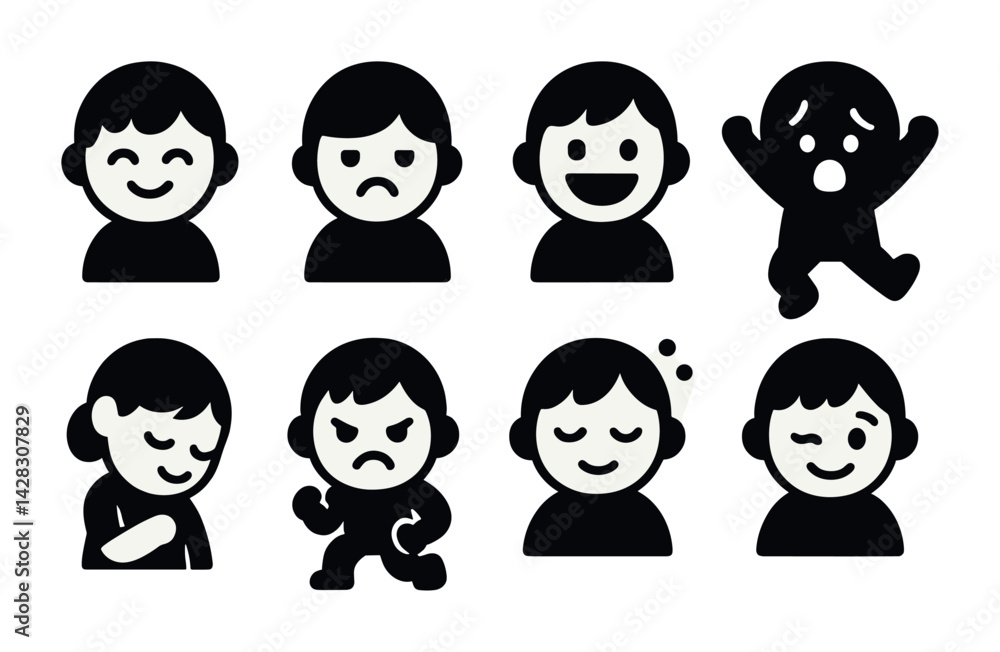 Emotional expression silhouette icons set – solid mood, feelings, and emoticon symbols for communication: happy, sad, angry, surprised, sleepy, excited, thoughtful, content. Emotional expression silhouette icons set – solid mood, feelings, and emoticon symbols for communication: happy, sad, angry, surprised, sleepy, excited, thoughtful, content.