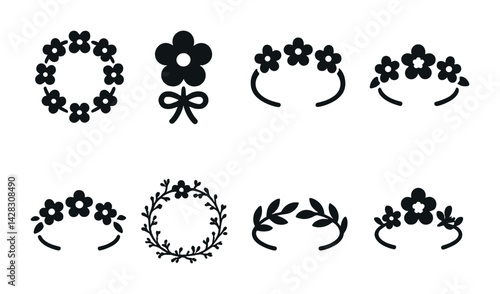 Floral design silhouette icons set – elegant and nature-inspired symbols for creativity: flower, wreath, bouquet, blossom, petal, garland, headband, leafy ring.