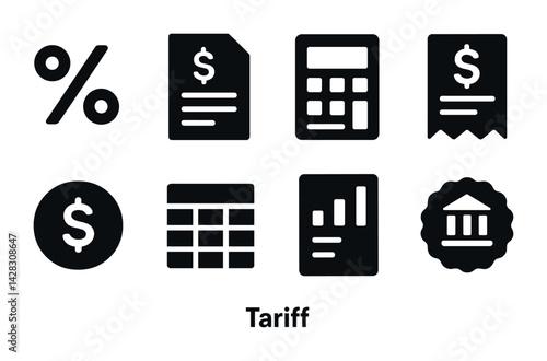Finance and tariff solid icons set – filled style money management, budgeting, and accounting symbols for financial planning: percentage, invoice, calculator, receipt, currency, calendar, chart, bank