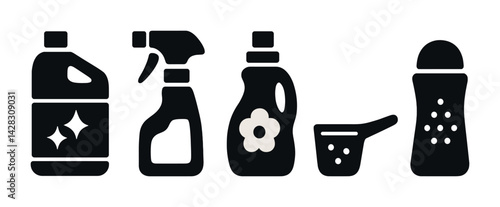 Home cleaning solid icons set – flat style for household, sanitation, and maintenance: detergent, spray bottle, cleaning solution, scoop, powder shaker.