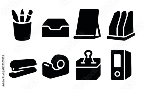 Office supplies silhouette icons set – filled style work essentials, stationery, and desk tools for organization: pen holder, file box, easel, folder, stapler, tape, binder clip, document tray.
