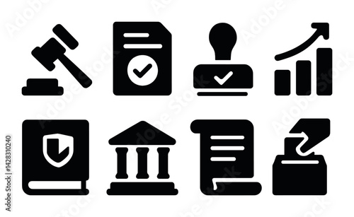 Law and legislation silhouette icons set – solid style legal, justice, and authority symbols for courts and governance: gavel, contract, stamp, growth chart, book, courthouse, document, ballot.