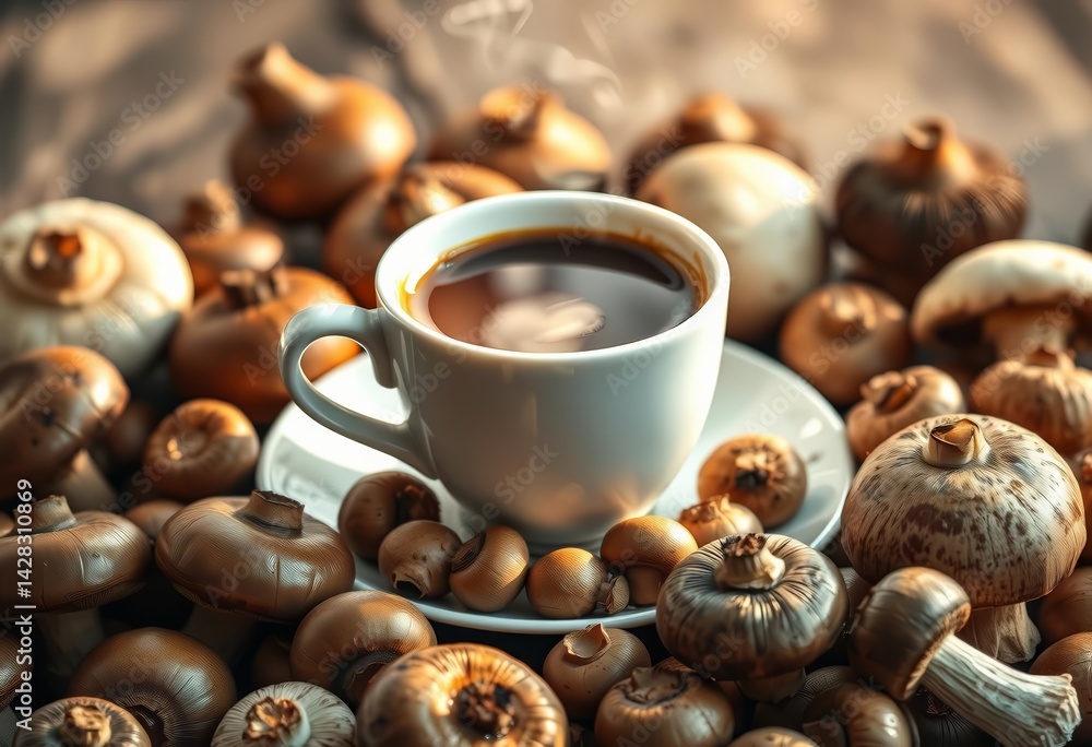 A steaming cup of coffee on a saucer, encircled by various mushrooms, nature, food A steaming cup of coffee on a saucer, encircled by various mushrooms, nature, food