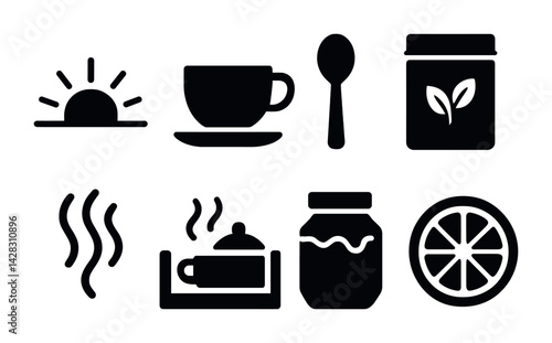 Morning routine solid icons – flat style coffee, breakfast, and wellness symbols for daily rituals: sunrise, coffee cup, spoon, tea jar, steam, teapot, jam jar, orange slice.