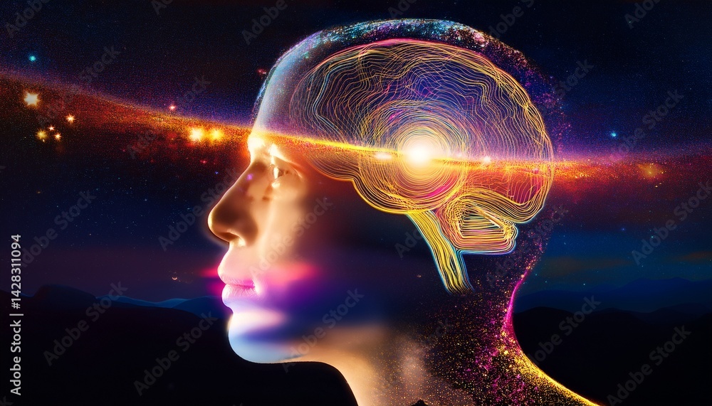 Obraz premium Visual metaphors for thoughts: minds opening like galaxies