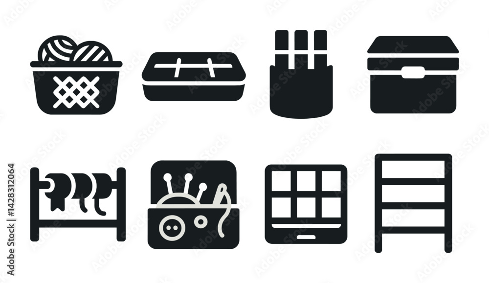 Craft supplies and organization icon set – solid style for diy projects, art, and storage: yarn basket, storage box, paint brushes, sewing kit, spice rack, makeup palette, display shelf.