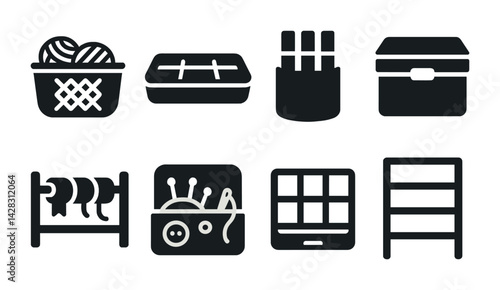 Craft supplies and organization icon set – solid style for diy projects, art, and storage: yarn basket, storage box, paint brushes, sewing kit, spice rack, makeup palette, display shelf.