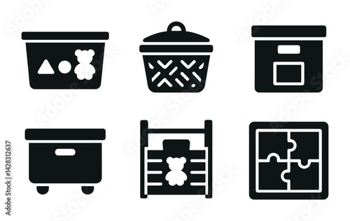 Toy storage and organization icon set - silhouette style kids room, playroom, tidying symbols: toy box, basket, storage bin, cart, shelf, puzzle, organizer.