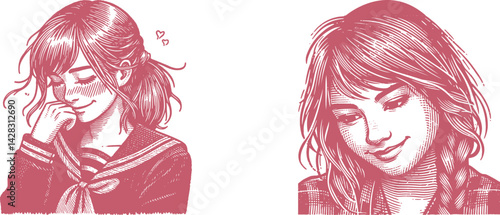 pink color Engraving Designs College Girl with Bashful Smile – Unique Artwork for Custom Gifts and Decor