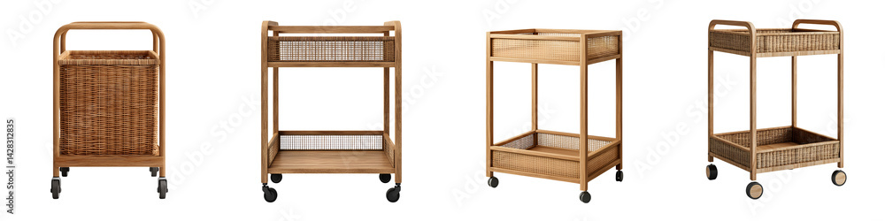 Four modern rattan and wood storage carts on wheels. Four modern rattan and wood storage carts on wheels.