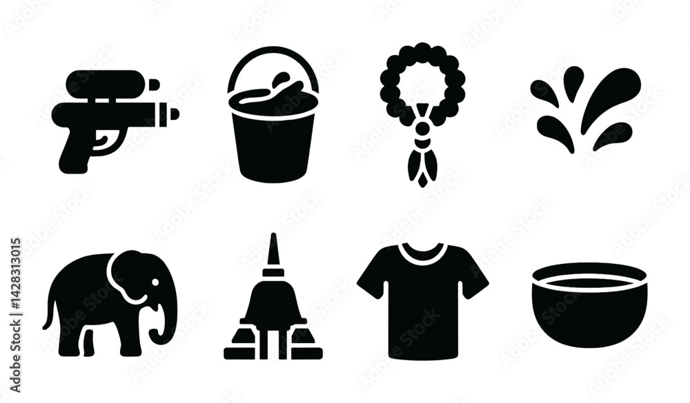 Songkran festival solid icons set – filled style water fight, cultural celebration, and traditional symbols for thai new year: water gun, bucket, garland, splash, elephant, temple, shirt, bowl. Songkran festival solid icons set – filled style water fight, cultural celebration, and traditional symbols for thai new year: water gun, bucket, garland, splash, elephant, temple, shirt, bowl.