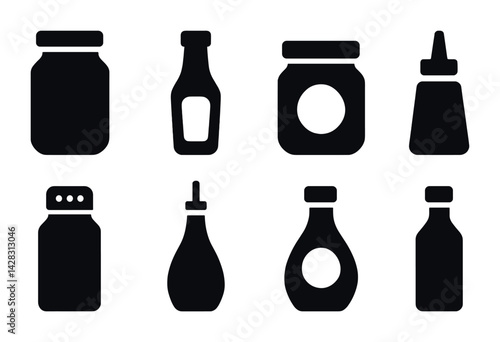 Kitchen condiments icon set – solid style food and cooking graphics for culinary design: jam, ketchup, sauce, bottle, shaker, oil, syrup, container.