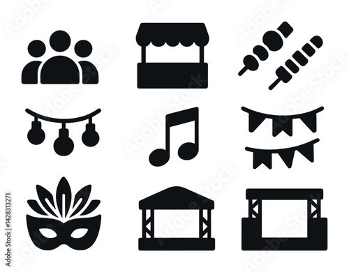 Festival and celebration solid icons set – silhouette style party, event, and carnival symbols for festive design: crowd, market stall, skewer, lights, music note, bunting, mask, stage.