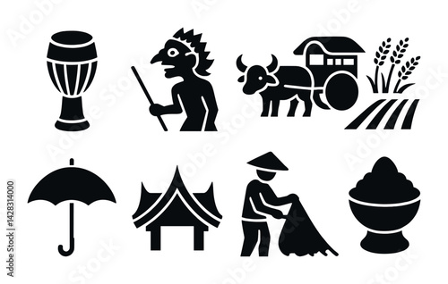 Southeast asian heritage silhouette icon set – traditional culture symbols in black and white: drum, tribal dancer, ox cart, rice field, umbrella, temple, farmer, rice bowl.