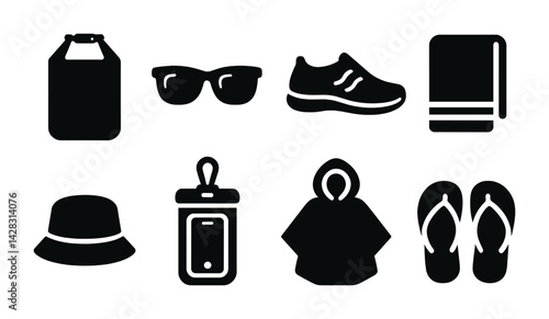 Beach necessities filled icons collection – solid style summer, vacation, and seaside elements: beach bag, sunglasses, sneakers, towel, hat, water bottle, poncho, flip-flops.