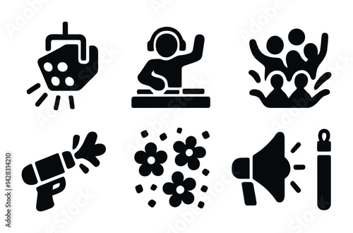 Event and music icons set – filled style party, celebration, entertainment symbols: dj, crowd, confetti, dance, microphone, megaphone
