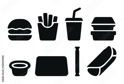 Fast food solid icons set - silhouette style dining, snacks, and takeout symbols for restaurant branding: burger, fries, drink, boxed meal, sauce, tray, wrapped snack.