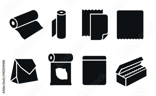 Household wrapping materials silhouette icons – solid style for kitchen storage, packaging solutions: cling film, aluminum foil, wax paper, parchment, sandwich bag, food wrap, paper bag, storage box.