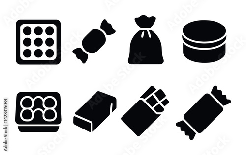 Confectionery and sweets icon set – solid style candy, chocolate, and snack symbols for packaging design: candy wrapper, chocolate bar, gift bag, box of truffles, container lid