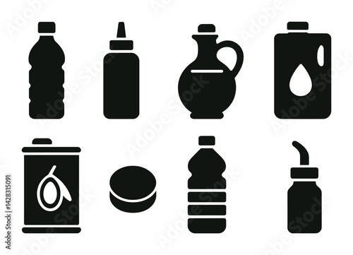 Essential beverage packaging solid icons set – silhouette style drink containers, bottles, and jars for design projects: water bottle, oil bottle, jug, carton, canister, condiment, jar, flask.