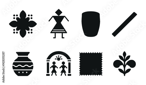 Cultural heritage silhouette icons set – filled style traditional art, folk symbols, and ethnic designs for cultural exploration: motif, figure, drum, stick, vase, arch, fabric, leaf.