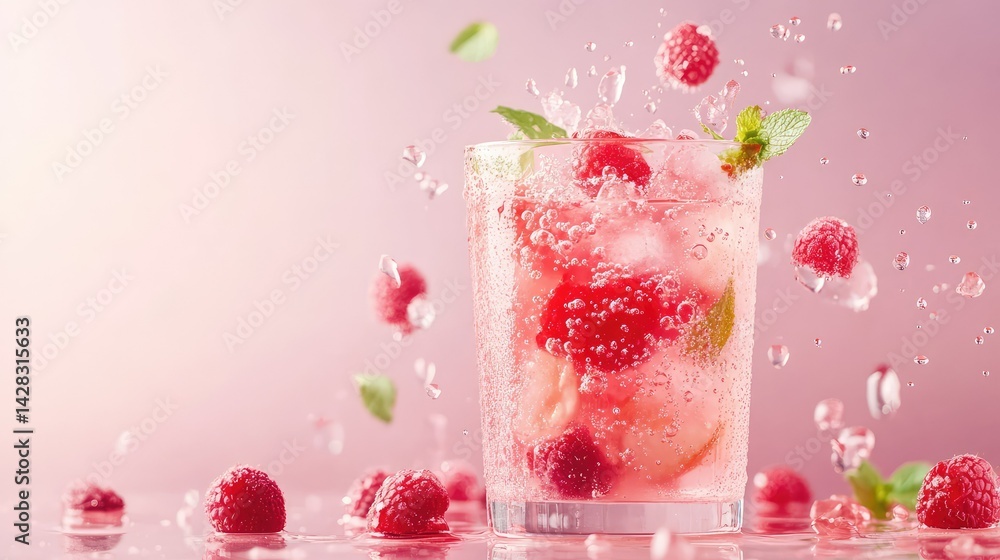 Jus de fraise rafrachissant en verre avec glaons et framboises en surface, mis en scne de mani apptissante pour Jus de fraise rafrachissant en verre avec glaons et framboises en surface, mis en scne de mani apptissante pour