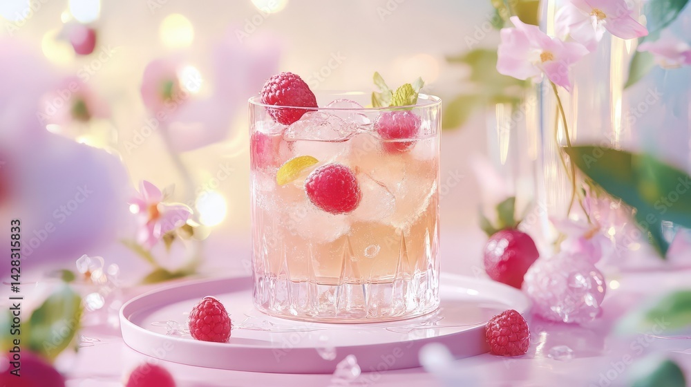 Verre de cocktail rose clair avec glaons transparents, framboises fraches flottant dans le jus de fraise, ambiance lumineuse et estivale Verre de cocktail rose clair avec glaons transparents, framboises fraches flottant dans le jus de fraise, ambiance lumineuse et estivale