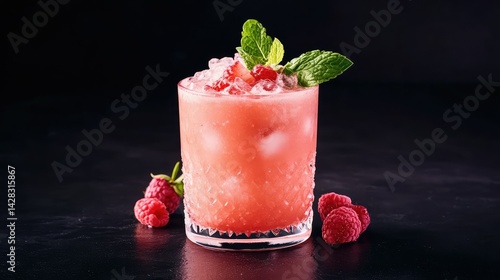 Verre de smoothie rose intense avec glaons, fruits rouges autour, menthe verte en garniture, sur fond ardoise chic pour thme boisson saine