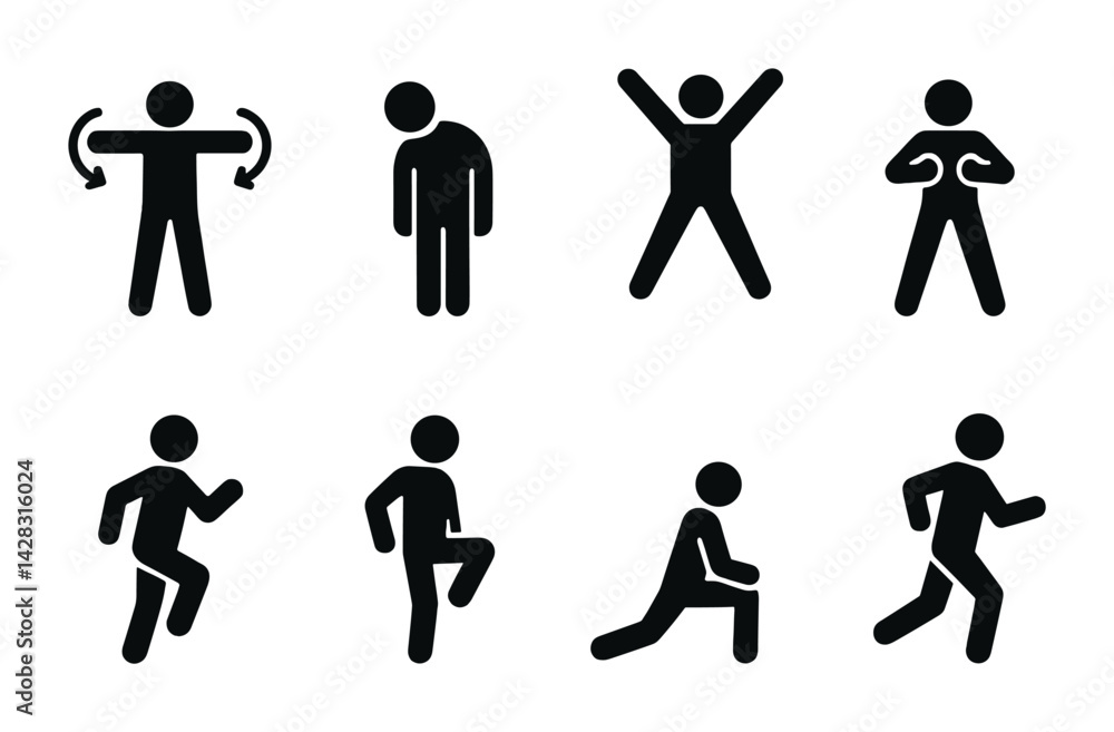 Fitness and exercise silhouette icons set – solid style workout, training, and health symbols for athletic enthusiasts: stretch, yoga, jumping jacks, push-up, running, high knees, lunges, squats.
