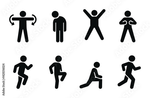 Obraz na płótnie Fitness and exercise silhouette icons set – solid style workout, training, and health symbols for athletic enthusiasts: stretch, yoga, jumping jacks, push-up, running, high knees, lunges, squats. w salonie