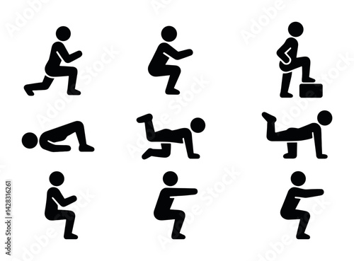 Fitness exercise silhouette icons set – solid style workout, gym, and training symbols: squat, lunge, push-up, sit-up, plank, jumping jack, crunch