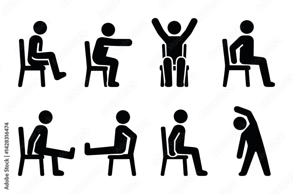 Seated exercise silhouette icon set - solid style fitness, health, and wellness symbols for workouts at home: stretching, arm raises, leg lifts, seated twists, warm-up. Seated exercise silhouette icon set - solid style fitness, health, and wellness symbols for workouts at home: stretching, arm raises, leg lifts, seated twists, warm-up.