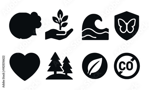 Eco and nature conservation solid icons set – filled style sustainability, ecology, and green living symbols for environmental awareness: tree, leaf, wave, butterfly, heart, hand, co2, shield.