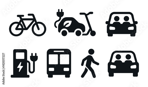 Obraz na płótnie Eco-friendly transportation icons set – solid style urban mobility, green travel, and sustainable commuting symbols: bicycle, electric car, scooter, carpool, charging station, bus, pedestrian. w salonie