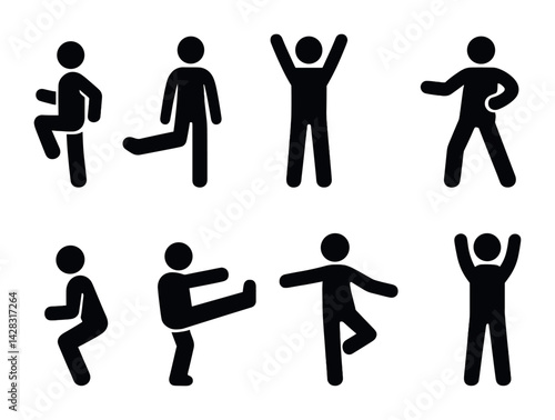 Fitness and exercise solid icons set – silhouette style workout, training, and gym symbols for health enthusiasts: jumping jacks, lunges, squats, yoga pose, stretching, dancing, aerobics, balance.