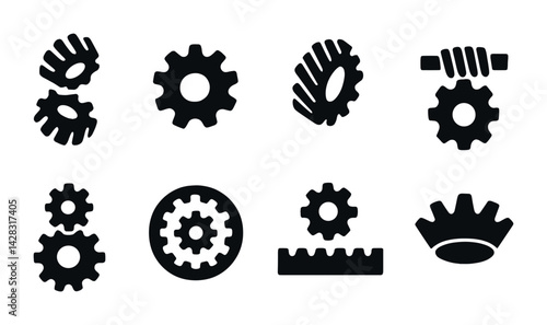 Industrial gear solid icons set – filled style engineering, machinery, and mechanical tools for automation: gearwheel, cog, sprocket, gearbox, rack, pinion, bearing, cogwheel.