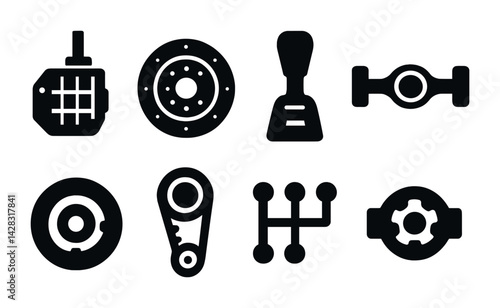 Automotive and mechanical solid icons – silhouette style vehicle parts and machinery symbols for engineering design: gear, brake pad, shift lever, camshaft, gearbox, axle, rotor.