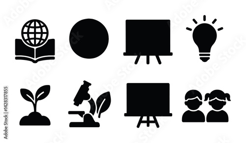 Education and knowledge icons set – filled silhouette style learning, teaching, and academic symbols for schools and educators: globe, chalkboard, plant, microscope, idea bulb.