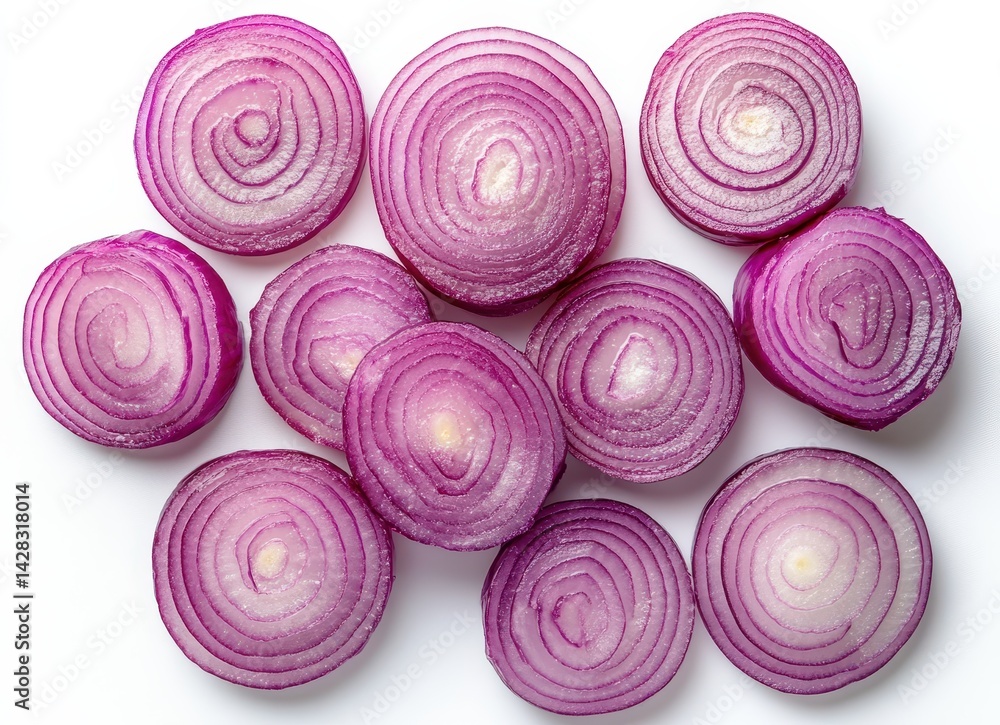Freshly Cut Red Onions Displayed on a White Background, Showing the Vibrant Purple Color and Unique Rings of Each Slice in a Healthy Culinary Setting Freshly Cut Red Onions Displayed on a White Background, Showing the Vibrant Purple Color and Unique Rings of Each Slice in a Healthy Culinary Setting
