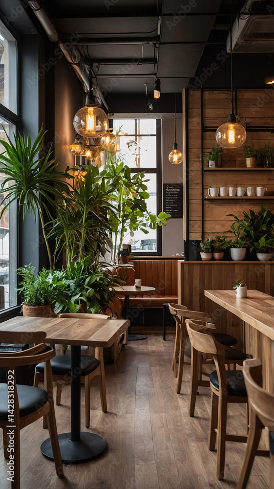 Obraz premium industrial cafe design with hanging pendant lights polished wooden tables and chairs surrounded by plants and brick wall decor premium cafe and kitchen interior design