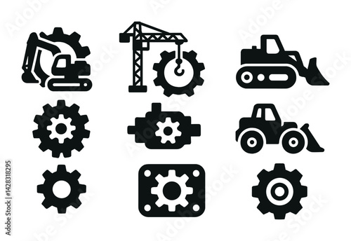 Construction and engineering solid icon set – silhouette style machinery, building, and industrial symbols for project visualization: excavator, crane, bulldozer, gear, tractor, cogwheel, engine.