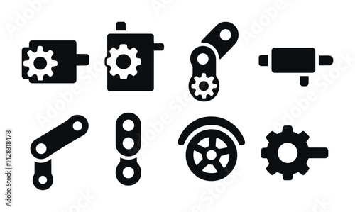 Mechanical engineering silhouette icon set – solid style: machine parts, industrial tools, and automation symbols for design projects: gear, motor, pulley, wheel, pipe, lever, bearing.
