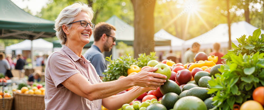 Obraz premium Joyful senior woman choosing fresh produce at outdoor farmer's market, celebration of community