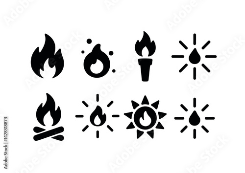 Fire and heat solid icon set – silhouette style symbols for safety, energy, and warmth concepts: flame, campfire, torch, spark, sun, drop, electric, bonfire.